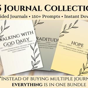 May include: A collection of five guided journals with the titles "Walking with God Daily", "Gratitude", and "Hope". Each journal features a floral design and text. The image includes the text "5 Journal Collection" and "Everything is in one bundle".