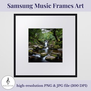 Arte con marco musical Samsung: Impresión de un bosque con cascada serena, arte mural con escena de naturaleza tranquila, póster de un paisaje verde y apacible, decoración digital con IA
