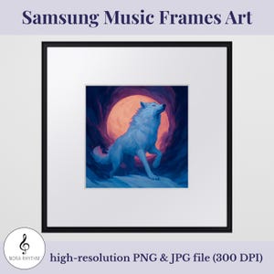 Samsung Music Frame Art – Blue Wolf Under Full Moon, Fantasy Animal Digital Wall Decor, Mystical Spirit Wolf Night Art