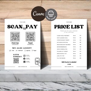 Könnte beinhalten: Zwei weiße Flyer mit schwarzem Text und Grafiken. Einer sagt "SCAN TO PAY" mit QR-Codes für Chash App und Paypal. Der andere ist eine Preisliste für Schönheitsbehandlungen. Der Hintergrund hat eine Holzstruktur.