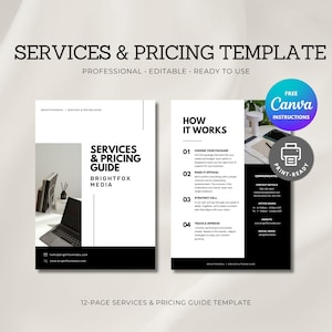 Könnte beinhalten: Eine schwarz-weiße Vorlage für einen Services & Pricing Guide. Der Leitfaden enthält den Text "Services & Pricing Guide" und "Brightfox Media". Der Leitfaden enthält auch den Text "How It Works" und "Free Canva Instructions".