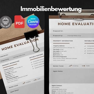 May include: A home evaluation document from UrbanEdge Realty Group, with the title "HOME EVALUATION". The document includes property information, notable features, and market trend analysis. A pencil and a binder clip are also visible.
