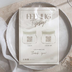 May include: A beige card with the text "FEELING Tipsy?" and two jar illustrations with QR codes. Below, it reads "Your Business Name" and "Thank you!" with social media icons and a logo space.