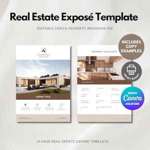 Könnte beinhalten: Immobilien Exposé Vorlage im PDF-Format, entworfen für Canva. Die Broschüre zeigt eine moderne Hausfassade auf der Vorderseite und Immobilien-Highlights im Inneren. Enthält Kopierbeispiele und ist druckfertig.
