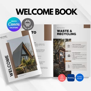 May include: A welcome book with the title "WELCOME BOOK" in large black letters. The book has a photo of a modern cabin on the cover and inside pages with information on waste and recycling. Includes Canva and print-ready icons.
