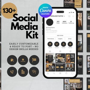 Könnte beinhalten: Ein Social-Media-Kit mit über 130 Vorlagen, dargestellt mit einem Smartphone-Mockup. Das Kit enthält Vorlagen für Immobilienmarketing, mit dem Text "JUST LISTED" und "JUST SOLD". Es ist einfach anpassbar und sofort einsatzbereit.