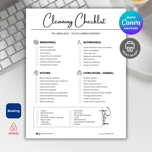Könnte beinhalten: Eine schwarz-weiße Reinigungscheckliste mit dem Titel "Cleaning Checklist" und dem Text "The Urban Nest - Stylish Airbnb Apartment". Die Checkliste enthält Abschnitte für Schlafzimmer, Küche, Bad und Wohnzimmer.