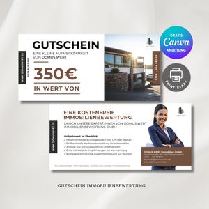 May include: Two promotional cards for Domus Wert Immobilien. The top card is a gift certificate for 350€, and the bottom card promotes a free property valuation. Includes a Canva guide and print-ready icon.