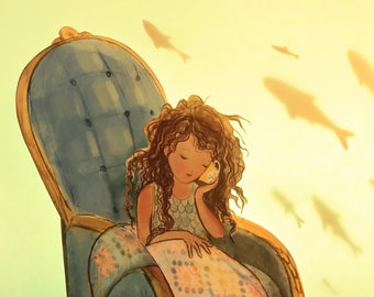 May include: A mermaid with long brown hair sits in a blue armchair with a patterned quilt. She is holding a seashell to her ear and listening. The armchair is on a light yellow background with silhouettes of fish swimming around her. There is a book on the floor with the title "The Little Mermaid" and a seashell on a small book that says "Seashells".