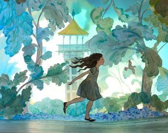 May include: A girl with long brown hair runs through a blue and green forest towards a white building with a yellow roof. A small white bird flies in the air.