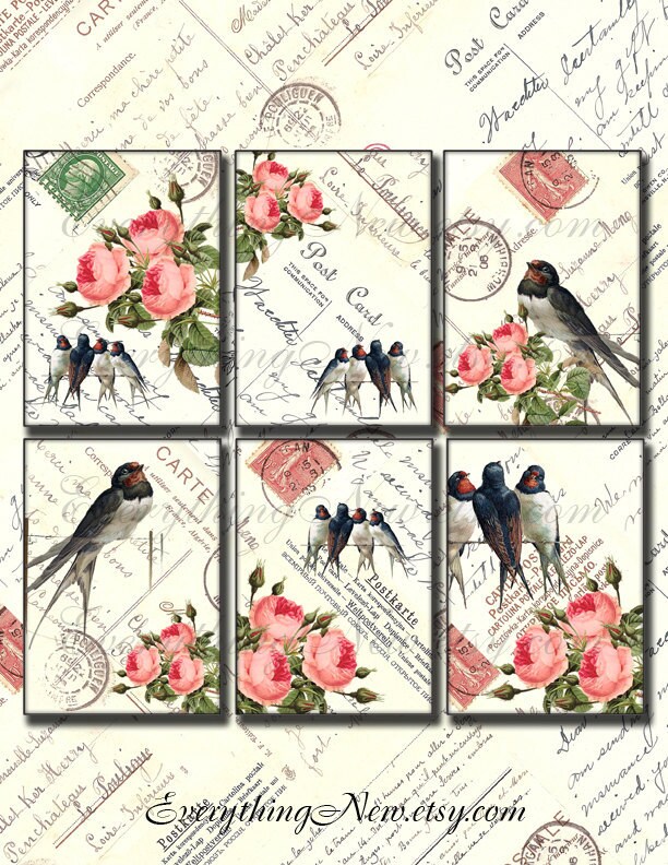 2 5 X 3 5 Inch Atc Aceo Card Hang Gift Birds Roses Etsy