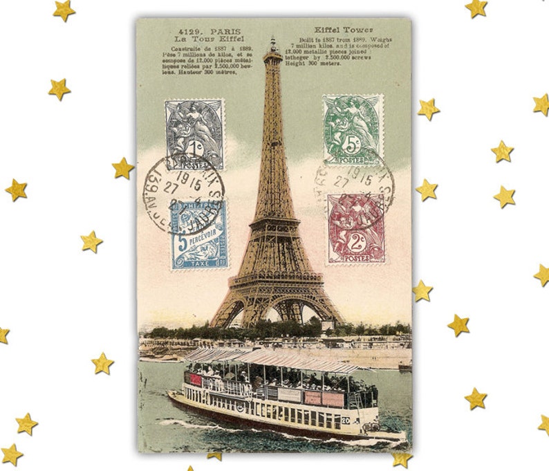 Paris vintage postcard scan Eiffel tower boat river stamp Etsy
