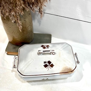 Antique Alfred Meakin Tea Leaf Ironstone Covered Dish | Copper Luster Tureen | White Serving Bowl with Lid | Impressed 36 Mold Mark