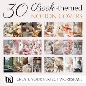 Puede incluir: Un collage de 10 imágenes con portadas de Notion con temática de libros. Las imágenes muestran pilas de libros, flores, velas y escenas de espacios de trabajo acogedores. El texto incluye "30 Book-themed Notion Covers" y "Create Your Perfect Workspace".