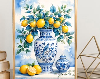 Chinoiserie Lemons Watercolor Art Print: Elegant Kitchen Wall Decor (Digital Download
