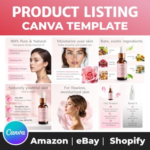 Può includere: Modello Canva per un elenco prodotti con il testo "PRODUCT LISTING CANVA TEMPLATE". Presenta prodotti per la cura della pelle, tra cui oli essenziali, e ne descrive i benefici.