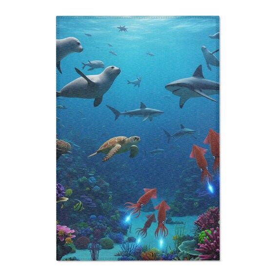Underwater Adventure Area Rug, Ocean Themed Carpet, Marine Life Decor, Sea Creatures Living Room Mat, Nautical Home Accessory, Unique Gift