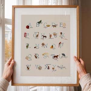 Alphabet poster with hand-drawn style lettering and vintage-inspired illustrations from A to Z, including flower, giraffe, horse, ice cream, jam, and kite. This cute abc poster suits a cottagecore kids room and vintage boy nursery aesthetic, ideal as printable wall art. Cute alphabet decor for educational playroom wall art, playroom wall decor, and boho classroom decor.