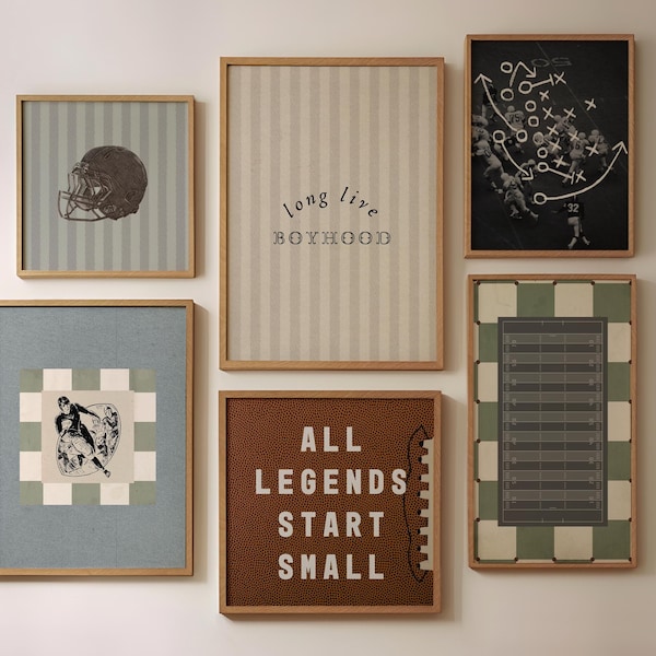 Vintage Football Nursery Art Prints, Set of Nine Vintage Sports Gallery Wall Posters, Football Boy Room Wall Art Sports Nursery Printables