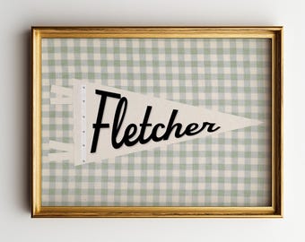 Custom Baby Name Pennant | Personalized Nursery Name Sign, Vintage Pennant Wall Art, Digital Download | Green Gingham Nursery Decor