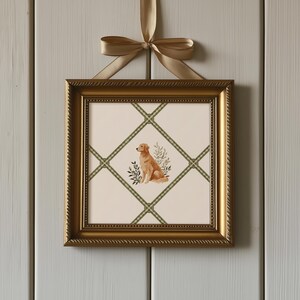 Printable Golden Retriever wall art with watercolor dog illustration framed in sage green ribbon lattice. Perfect for grandmillennial kids’ rooms, cottagecore nurseries, or baby girl wall decor, this digital nursery art adds timeless charm and warmth. A thoughtful gift for dog lovers or new parents, this watercolor dog print brings a soft, whimsical touch to modern Southern style nursery walls.