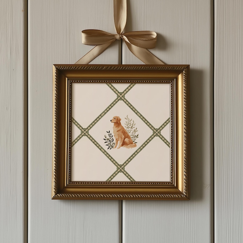 Printable Golden Retriever wall art with watercolor dog illustration framed in sage green ribbon lattice. Perfect for grandmillennial kids’ rooms, cottagecore nurseries, or baby girl wall decor, this digital nursery art adds timeless charm and warmth. A thoughtful gift for dog lovers or new parents, this watercolor dog print brings a soft, whimsical touch to modern Southern style nursery walls.