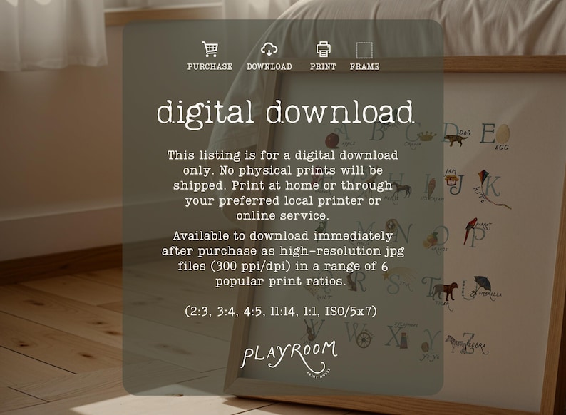 May include: A framed digital download print with an alphabet design. The print includes the text "digital download" and details about printing options. The image is in a wooden frame and is displayed in a room with natural light.