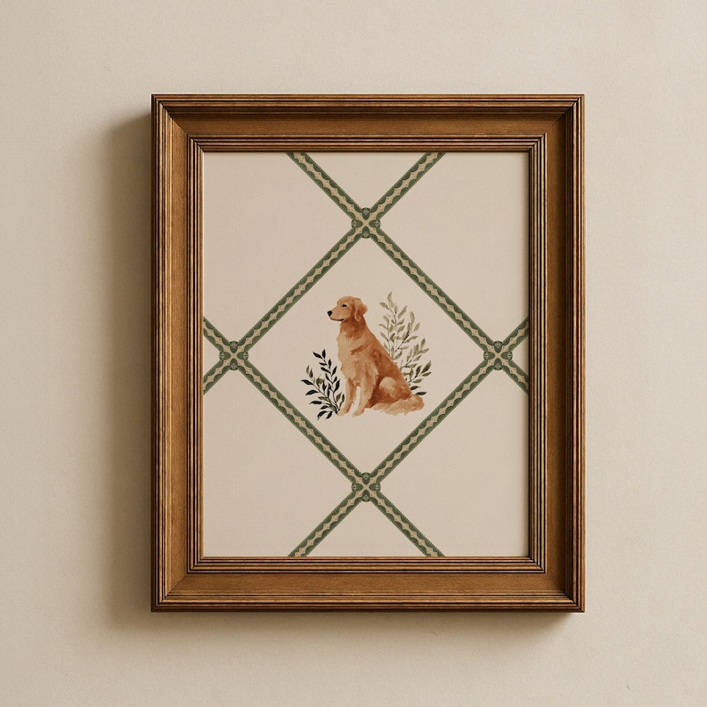 Golden Retriever watercolor nursery art print featuring a sweet dog illustration framed within a sage green lattice border. This cottagecore inspired design makes charming baby girl wall decor, ideal for a cozy nursery, girls’ room, or playroom. Offered as a digital download, this printable dog wall art doubles as a thoughtful dog lover gift and a whimsical cottagecore nursery accent.