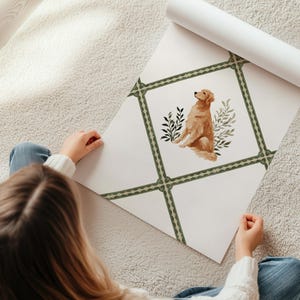 Watercolor Golden Retriever nursery art printable with sage green ribbon trellis border, perfect for dog-themed baby girl room decor. This cottagecore dog illustration is ideal for nursery wall art, girls’ playroom prints, or as a unique dog lover gift. Delivered as an instant digital download, this printable dog art combines vintage charm with modern Southern grandmillennial design for timeless kids’ wall decor.