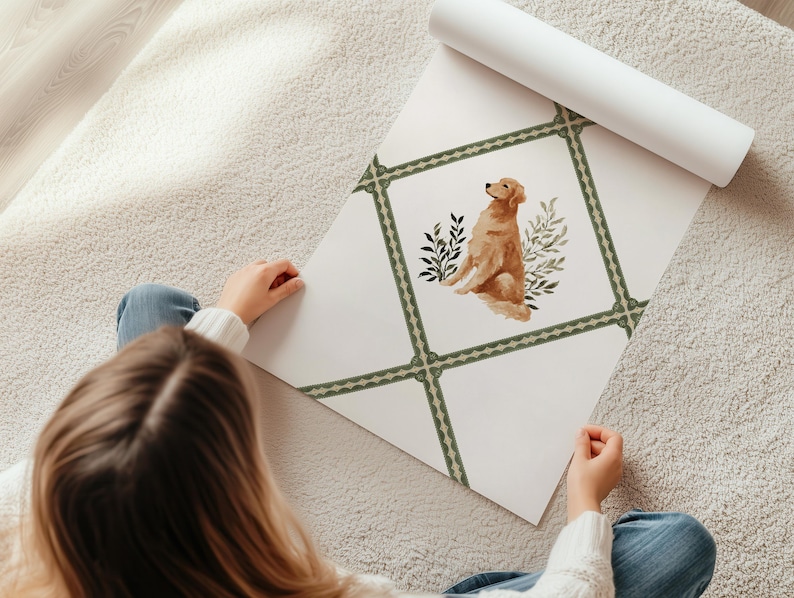 Watercolor Golden Retriever nursery art printable with sage green ribbon trellis border, perfect for dog-themed baby girl room decor. This cottagecore dog illustration is ideal for nursery wall art, girls’ playroom prints, or as a unique dog lover gift. Delivered as an instant digital download, this printable dog art combines vintage charm with modern Southern grandmillennial design for timeless kids’ wall decor.