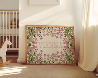 Stampa personalizzata con nome per la cameretta, decorazione murale personalizzata per bambina, monogramma floreale in stile cottagecore vintage, arredamento per la cameretta in stile cottagecore, regalo per baby shower
