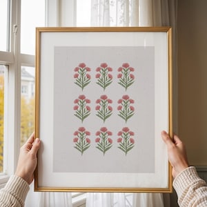 Modern southern floral art print for instant download, showcasing pink chinoiserie blossoms with leafy green stems. Styled as a cottagecore nursery printable or girls room wall decor, this vintage botanical design fits into coastal grandma or grandmillennial interiors. A versatile floral digital download, this pink and green artwork brings southern botanical charm to gallery walls, preppy homes, and nursery spaces alike.