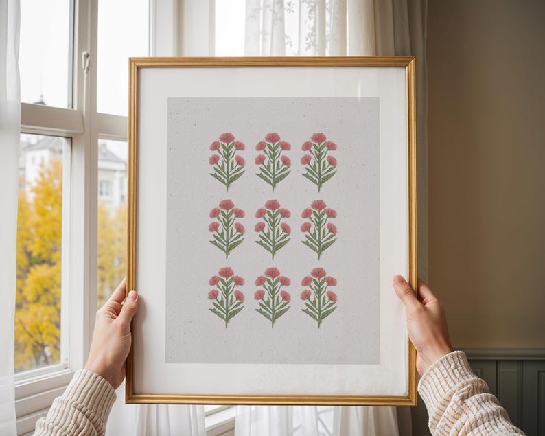 Modern southern floral art print for instant download, showcasing pink chinoiserie blossoms with leafy green stems. Styled as a cottagecore nursery printable or girls room wall decor, this vintage botanical design fits into coastal grandma or grandmillennial interiors. A versatile floral digital download, this pink and green artwork brings southern botanical charm to gallery walls, preppy homes, and nursery spaces alike.