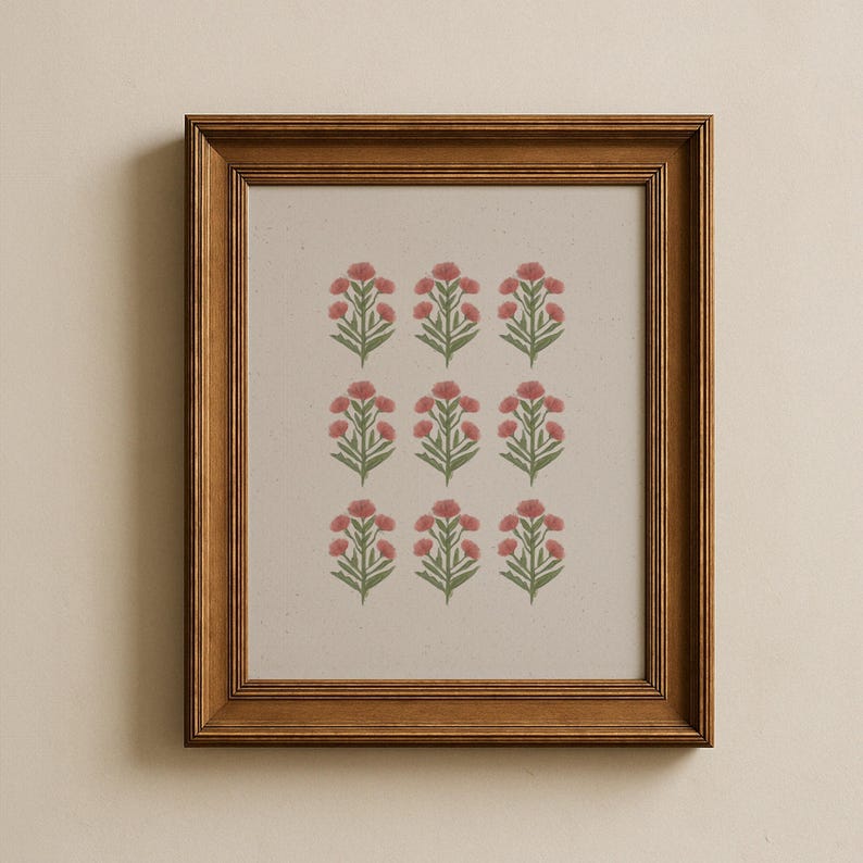 Green and pink floral wall art digital download featuring hand-painted botanical stems with soft pink blossoms and sage green leaves. Styled for cottagecore nursery or girls room printable decor, this modern southern botanical artwork blends chinoiserie and grandmillennial influences. Perfect as vintage floral art for coastal grandma style interiors or preppy wall design, this pink floral printable brings timeless charm and natural beauty to any digital gallery wall.