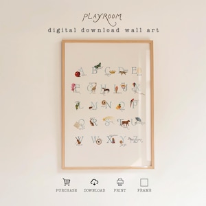 May include: A framed digital download wall art print featuring the alphabet, each letter illustrated with a corresponding image. The artwork includes the word "PLAYROOM" at the top. The print is in a light wood frame.