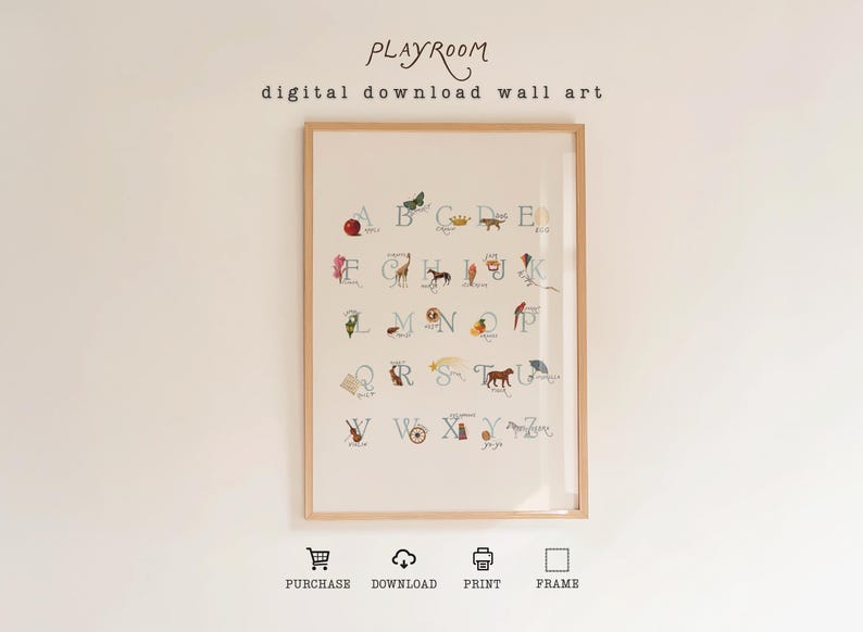 May include: A framed digital download wall art print featuring the alphabet, each letter illustrated with a corresponding image. The artwork includes the word "PLAYROOM" at the top. The print is in a light wood frame.