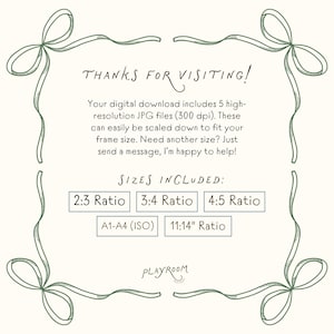Puede incluir: Impresi&oacute;n de arte digital color crema con borde de cinta verde y texto. El texto dice "THANKS FOR VISITING!" y enumera los tama&ntilde;os incluidos: 2:3, 3:4, 4:5, A1-A4 (ISO) y 11:14. La palabra "PLAYROOM" est&aacute; en la parte inferior.