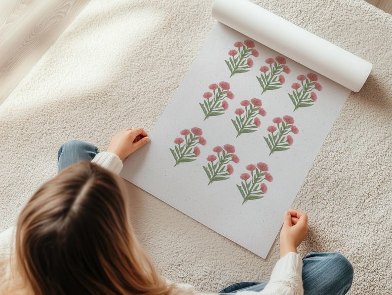 Printable pink chinoiserie floral art with delicate green leaves and blush blossoms arranged in a repeated pattern, ideal for a modern southern botanical gallery wall. This girls room printable doubles as cottagecore nursery decor or vintage floral art, echoing grandmillennial design trends with coastal preppy influences. Offered as a digital download, this green and pink wall print is versatile for framing and gifting in southern or coastal-inspired interiors.