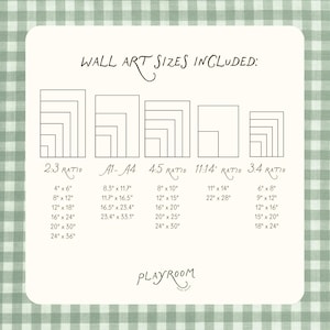 Puede incluir: Un gr&aacute;fico crema enumera los tama&ntilde;os de arte mural, incluyendo proporciones 2:3, A1-A4, 4:5, 11:14 y 3:4. Cada proporci&oacute;n muestra una serie de rect&aacute;ngulos anidados con medidas en cent&iacute;metros correspondientes, como 10,2 cm x 15,2 cm, 20,3 cm x 30,5 cm y 30,5 cm x 45,7 cm. La palabra "PLAYROOM" est&aacute; en la parte inferior.