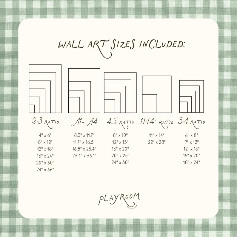 Puede incluir: Un gr&aacute;fico crema enumera los tama&ntilde;os de arte mural, incluyendo proporciones 2:3, A1-A4, 4:5, 11:14 y 3:4. Cada proporci&oacute;n muestra una serie de rect&aacute;ngulos anidados con medidas en cent&iacute;metros correspondientes, como 10,2 cm x 15,2 cm, 20,3 cm x 30,5 cm y 30,5 cm x 45,7 cm. La palabra "PLAYROOM" est&aacute; en la parte inferior.