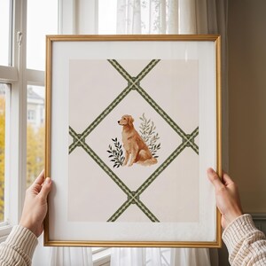 Golden Retriever digital wall art print featuring a watercolor dog illustration in sage green lattice border. A charming addition to cottagecore nursery decor, this printable dog wall art makes sweet baby girl room decor or a playroom accent. Perfect for grandmillennial homes, this dog illustration works beautifully as a thoughtful pet lover gift and timeless watercolor nursery print.