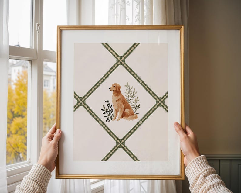 Golden Retriever digital wall art print featuring a watercolor dog illustration in sage green lattice border. A charming addition to cottagecore nursery decor, this printable dog wall art makes sweet baby girl room decor or a playroom accent. Perfect for grandmillennial homes, this dog illustration works beautifully as a thoughtful pet lover gift and timeless watercolor nursery print.