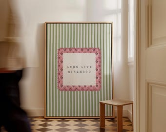 Long Live Girlhood, Vintage Girl Nursery Art, Girl Room Decor, Pink and Green Striped Nursery Print, Cottagecore Wall Art, Digital Download