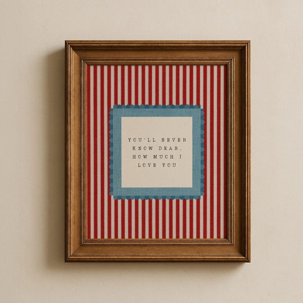 Art mural pour chambre d'enfant, tu ne sauras jamais combien je t'aime, imprimé Americana rayé bleu rouge, décoration de chambre d'enfant Cottagecore, téléchargement numérique