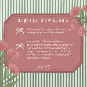 May include: A digital download listing with text on a pink octagonal frame. The text reads "digital download" and details about the digital art, including file type and print ratios. The background has a green and white striped pattern with pink floral accents.