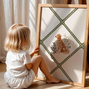 Golden Retriever nursery art print in watercolor style, framed with a sage green trellis border. This printable wall art blends cottagecore charm with grandmillennial kids’ room design, making it ideal for baby girl wall decor, playroom prints, or dog nursery art. Delivered as an instant digital download, this cute dog illustration doubles as a dog lover gift and timeless nursery wall accent.