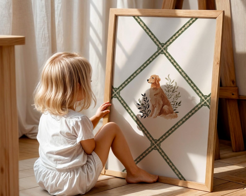 Golden Retriever nursery art print in watercolor style, framed with a sage green trellis border. This printable wall art blends cottagecore charm with grandmillennial kids’ room design, making it ideal for baby girl wall decor, playroom prints, or dog nursery art. Delivered as an instant digital download, this cute dog illustration doubles as a dog lover gift and timeless nursery wall accent.