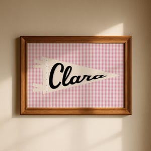 Personalized Baby Name Sign | Custom Nursery Name Wall Art, Vintage Coquette Pennant, Digital Download | Pink Gingham Nursery Decor