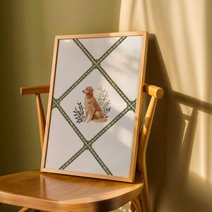 Watercolor Golden Retriever art print designed as digital nursery decor with a sage green ribbon lattice frame. Perfect for cottagecore nursery styling, girls’ room wall art, or grandmillennial playroom prints. This printable dog illustration makes a thoughtful dog lover gift and versatile piece of baby girl wall decor, adding warmth, charm, and whimsical pet-inspired art to any child’s room.