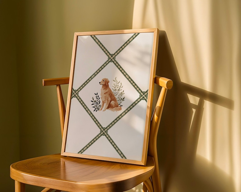Watercolor Golden Retriever art print designed as digital nursery decor with a sage green ribbon lattice frame. Perfect for cottagecore nursery styling, girls’ room wall art, or grandmillennial playroom prints. This printable dog illustration makes a thoughtful dog lover gift and versatile piece of baby girl wall decor, adding warmth, charm, and whimsical pet-inspired art to any child’s room.